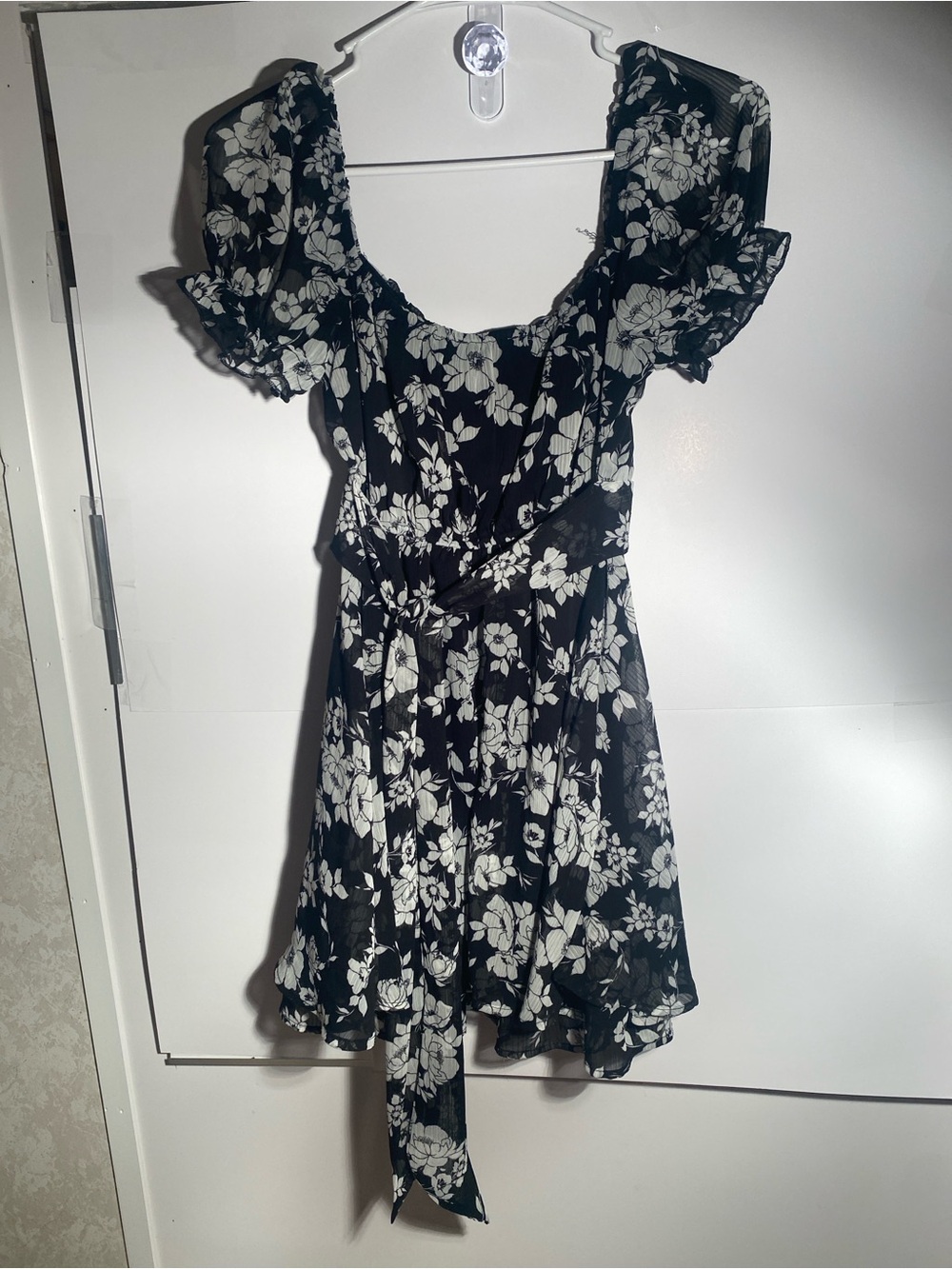 Black Floral Mini Dress with Tie-Waist